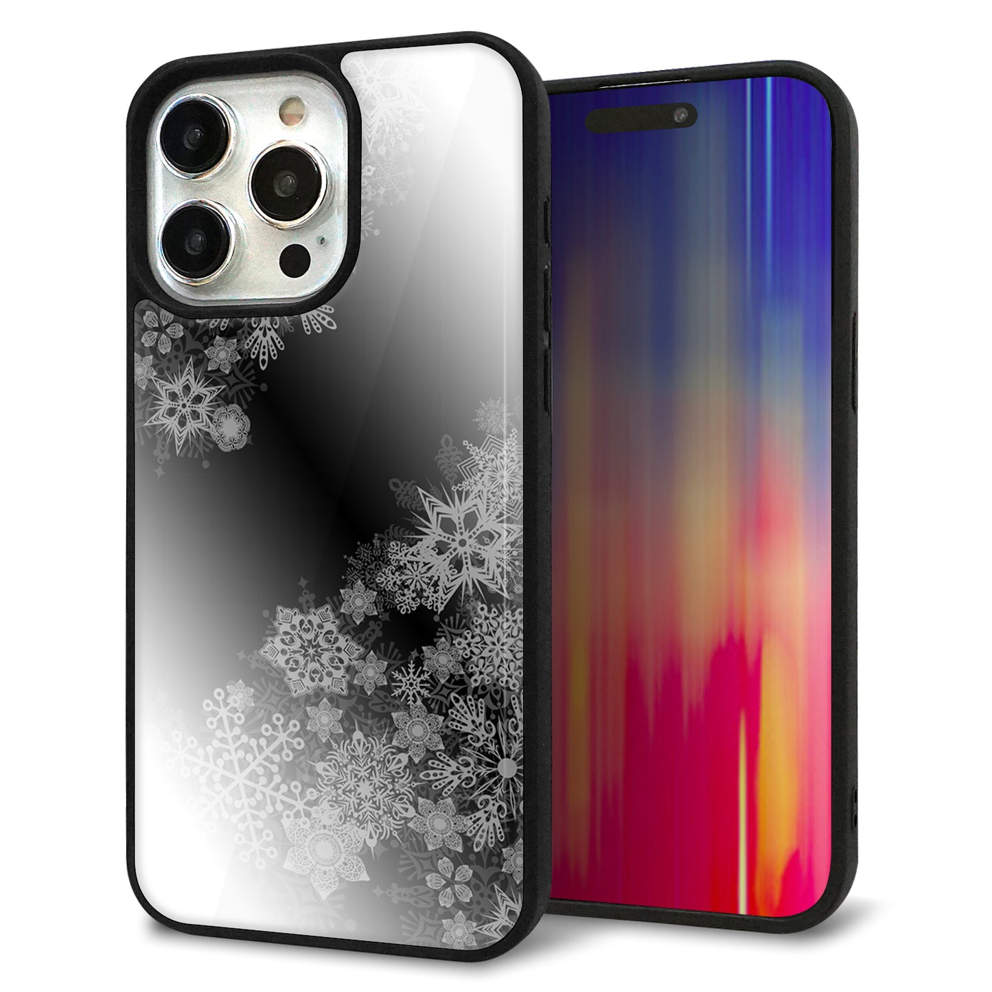 iPhone15 Pro Max 強化ガラス&TPUスマホケース ガラプリ【YJ340 モノトーン 雪の結晶 】