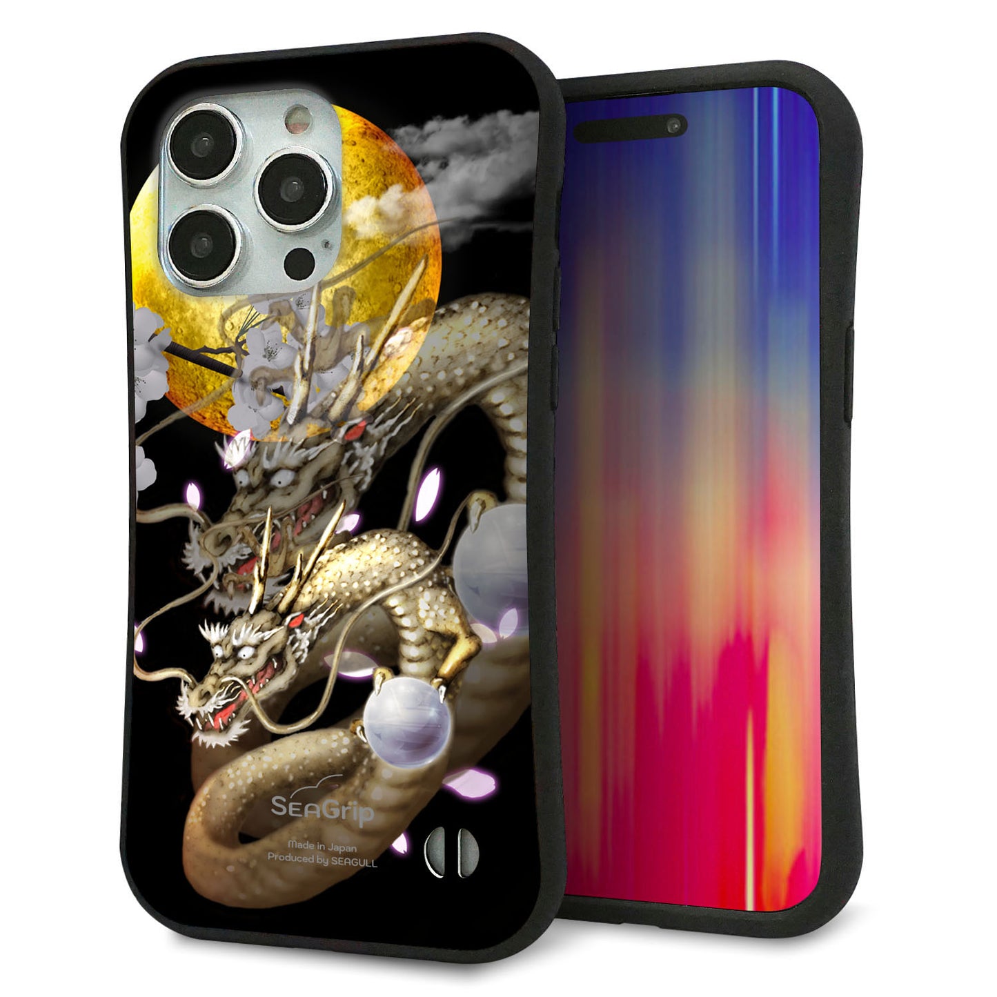 iPhone15 Pro Max スマホケース 「SEA Grip」 グリップケース Sライン 【1003 月と龍】 UV印刷