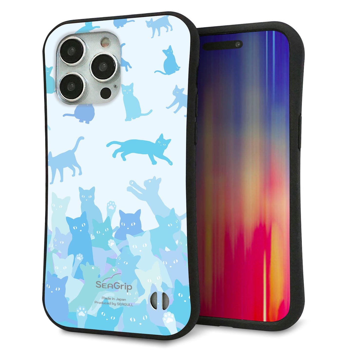 iPhone15 Pro Max スマホケース 「SEA Grip」 グリップケース Sライン 【AG888 ネコ積もり 水色】 UV印刷