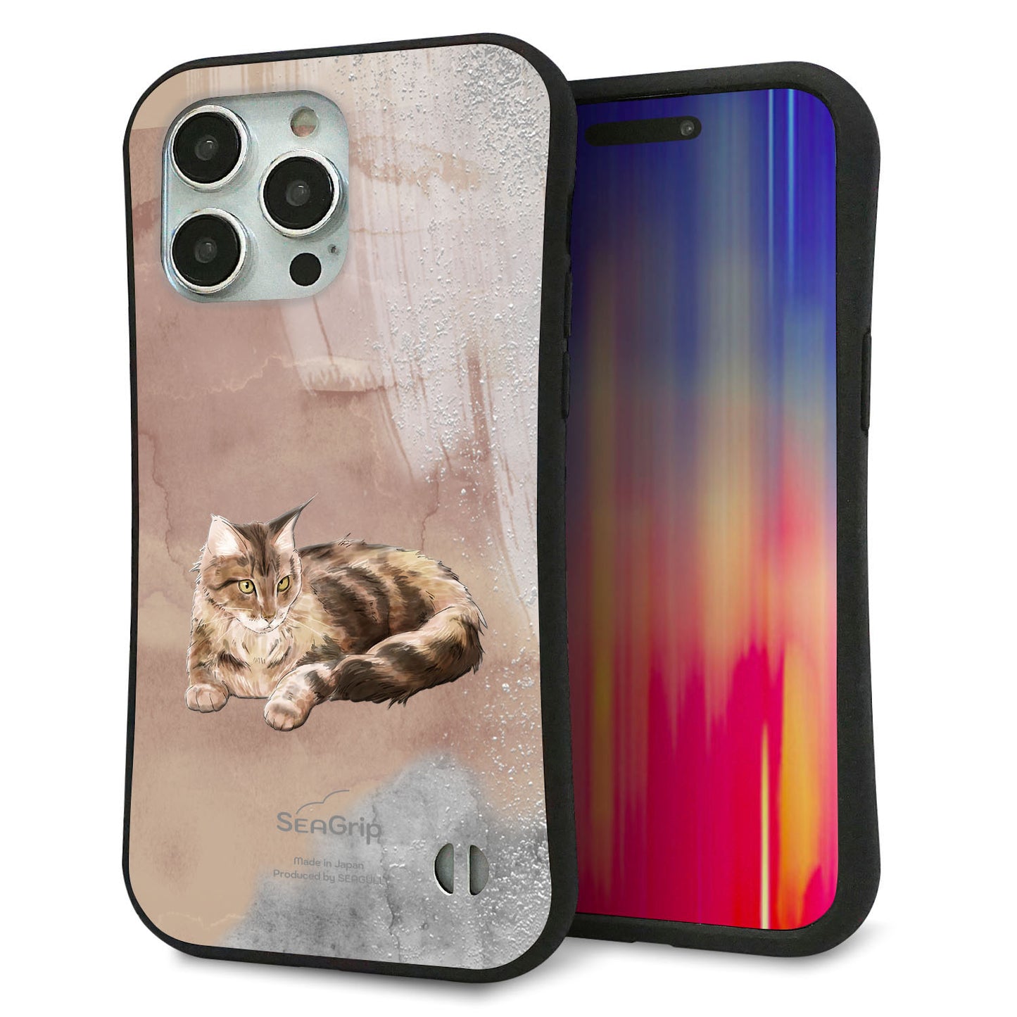 iPhone15 Pro Max スマホケース 「SEA Grip」 グリップケース Sライン 【HA173 メインクーン+くすみカラー】 UV印刷
