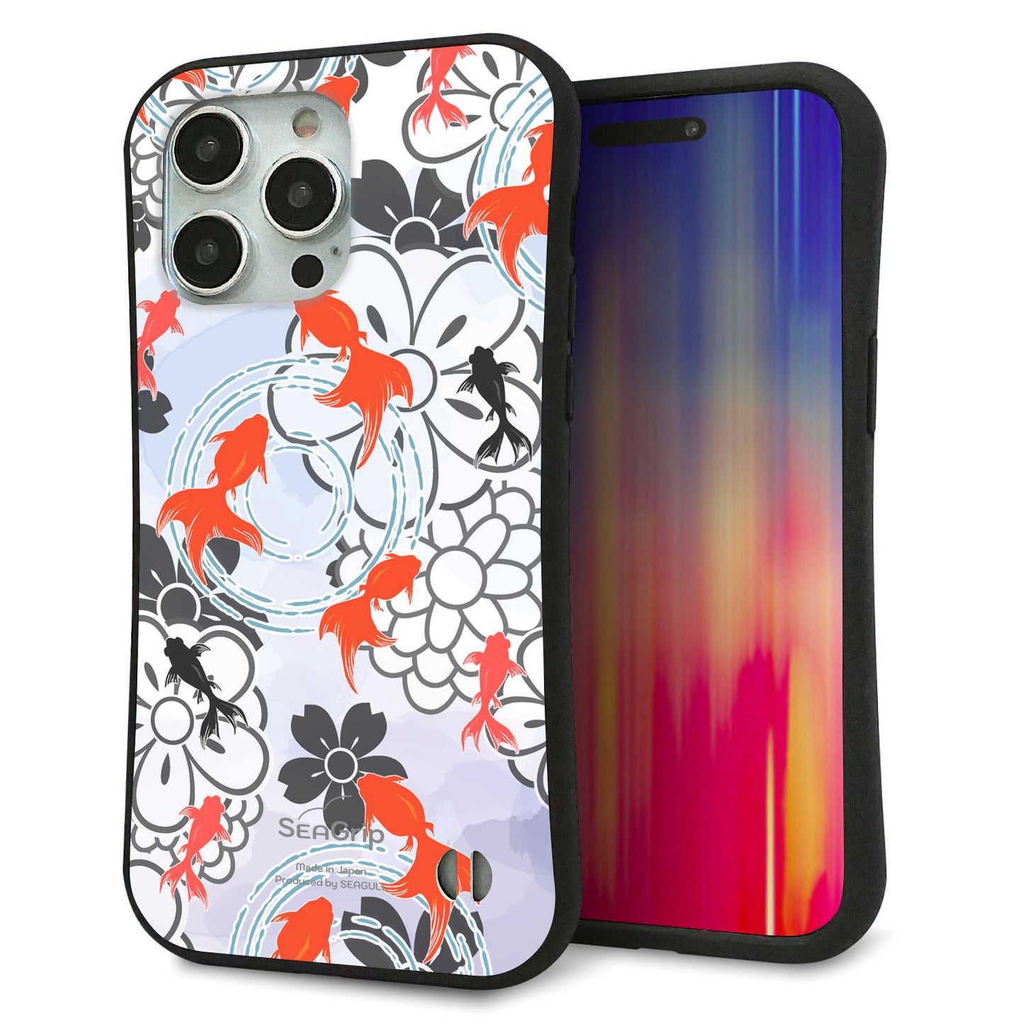 iPhone15 Pro Max スマホケース 「SEA Grip」 グリップケース Sライン 【HA216 金魚 花柄 グレー 】 UV印刷