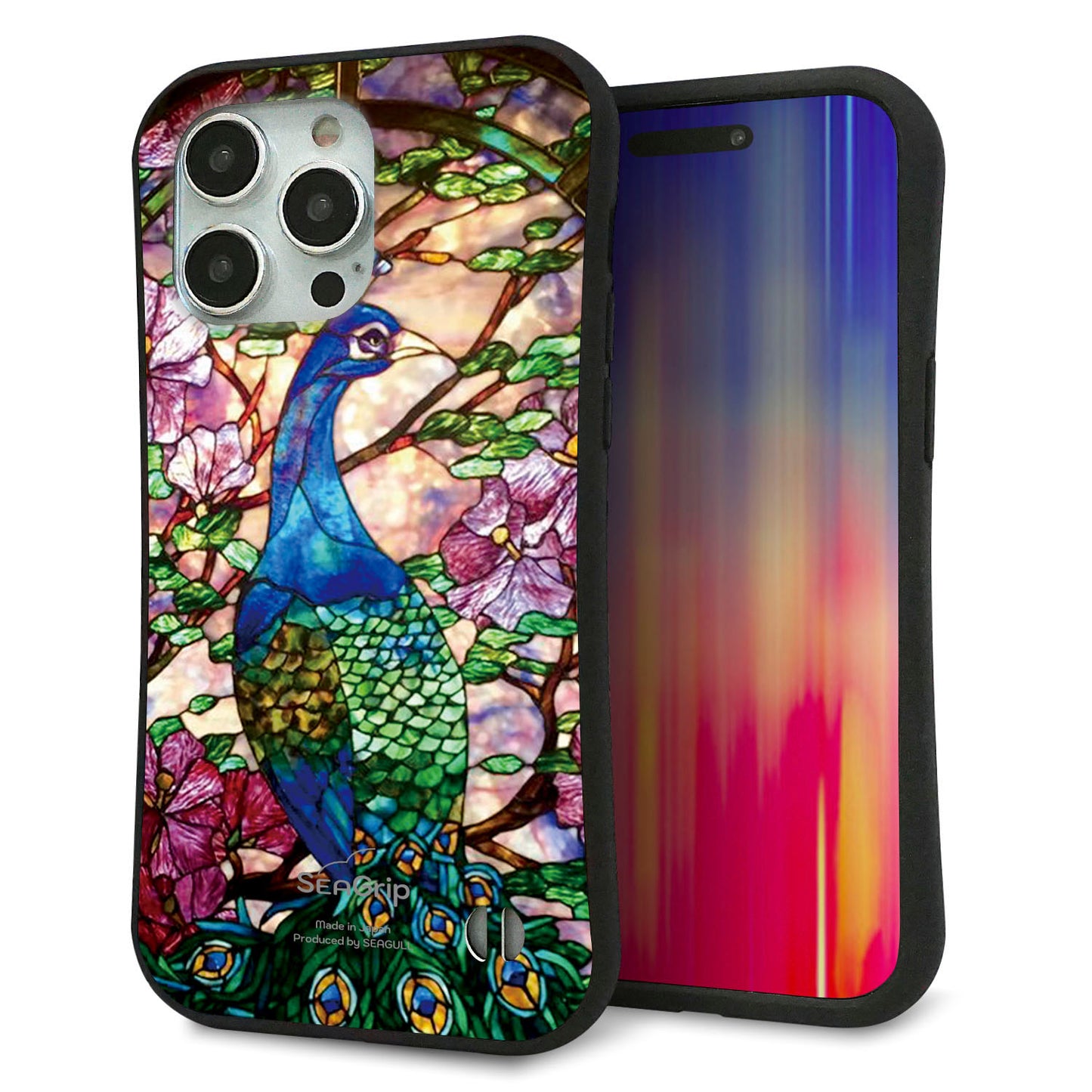 iPhone15 Pro Max スマホケース 「SEA Grip」 グリップケース Sライン 【MA996 ステンドグラス クジャク】 UV印刷