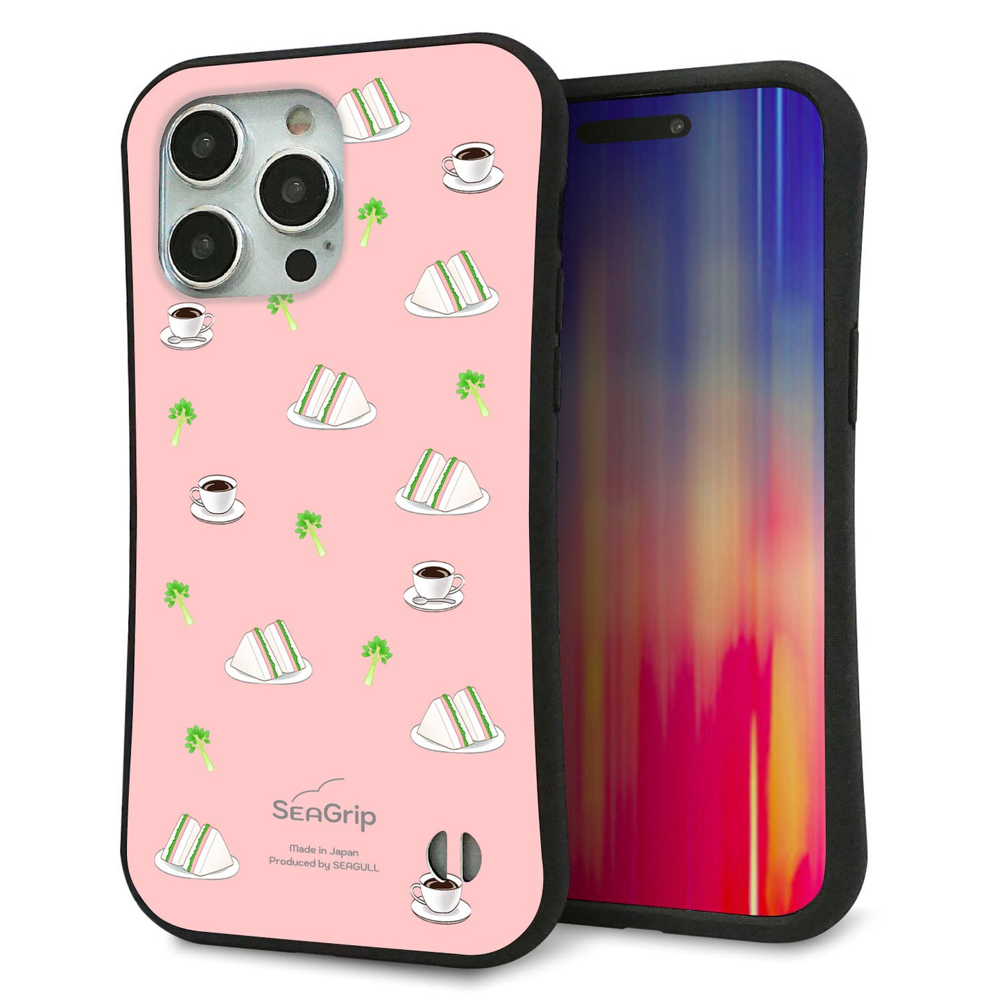 iPhone15 Pro Max スマホケース 「SEA Grip」 グリップケース Sライン 【NA802 アムロサンドイッチプリント Aピンク】 UV印刷