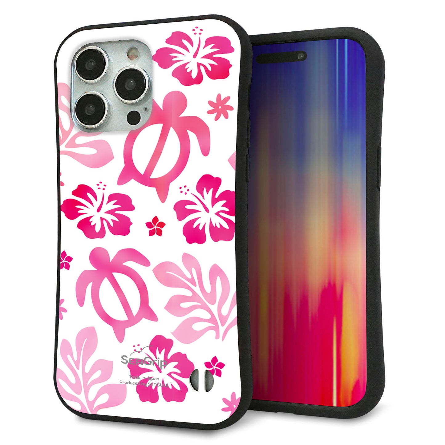 iPhone15 Pro Max スマホケース 「SEA Grip」 グリップケース Sライン 【SC879 ハワイアンアロハホヌ(ピンク)】 UV印刷