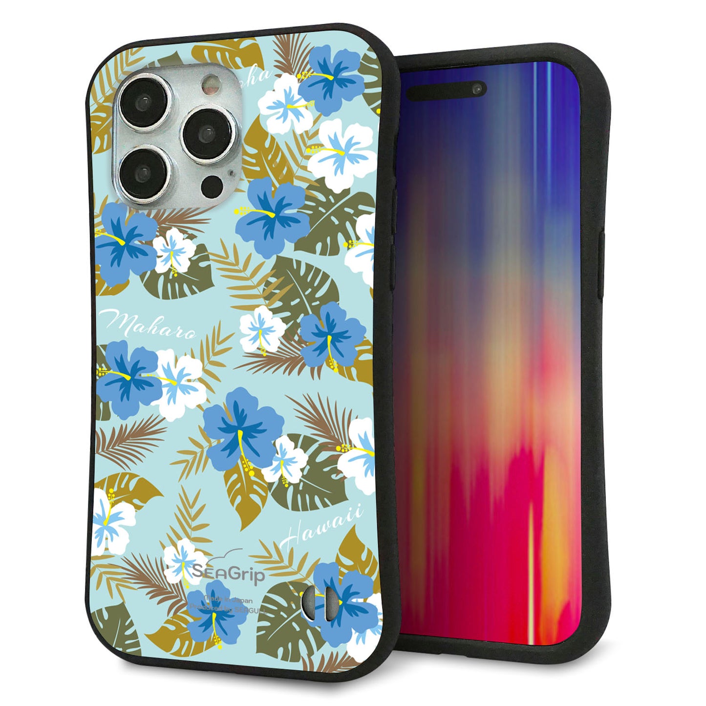 iPhone15 Pro Max スマホケース 「SEA Grip」 グリップケース Sライン 【SC883 ハワイアンアロハレトロ(ブルー)】 UV印刷