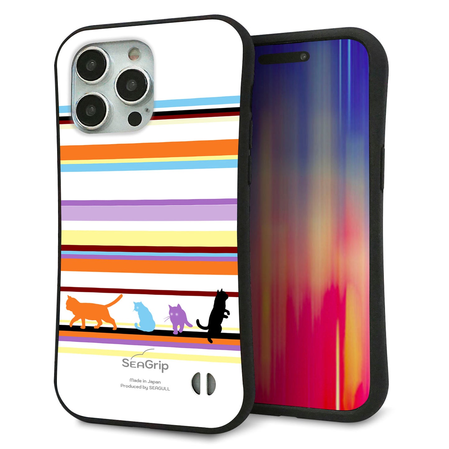 iPhone15 Pro Max スマホケース 「SEA Grip」 グリップケース Sライン 【YA887 ストライプネコ01】 UV印刷
