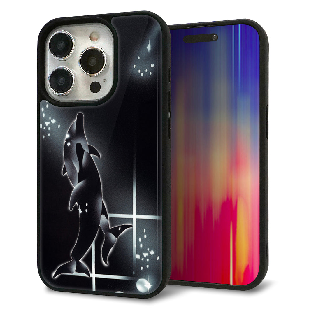 iPhone15 Pro 強化ガラス&TPUスマホケース ガラプリ【158 ブラックドルフィン】