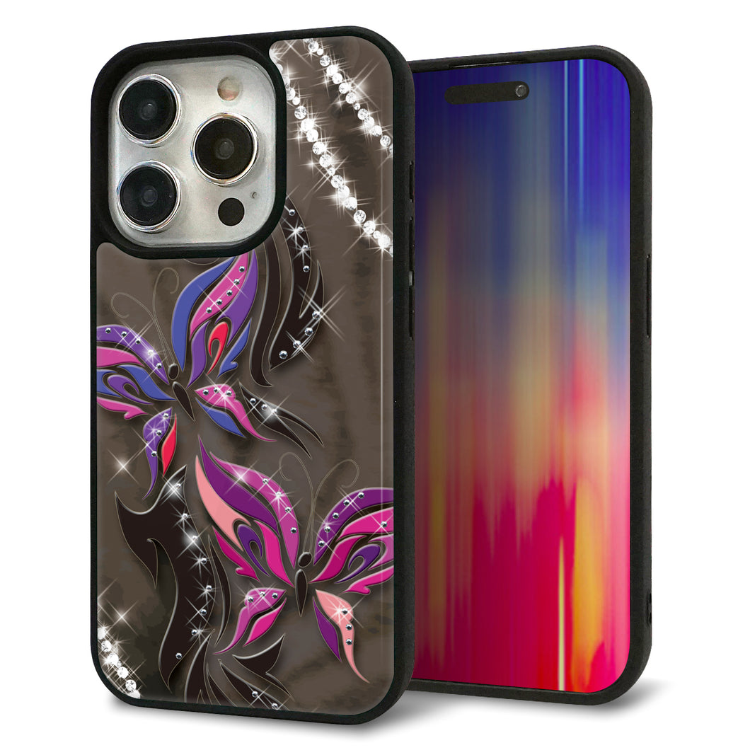 iPhone15 Pro 強化ガラス&TPUスマホケース ガラプリ【1164 キラめくストーンと蝶】