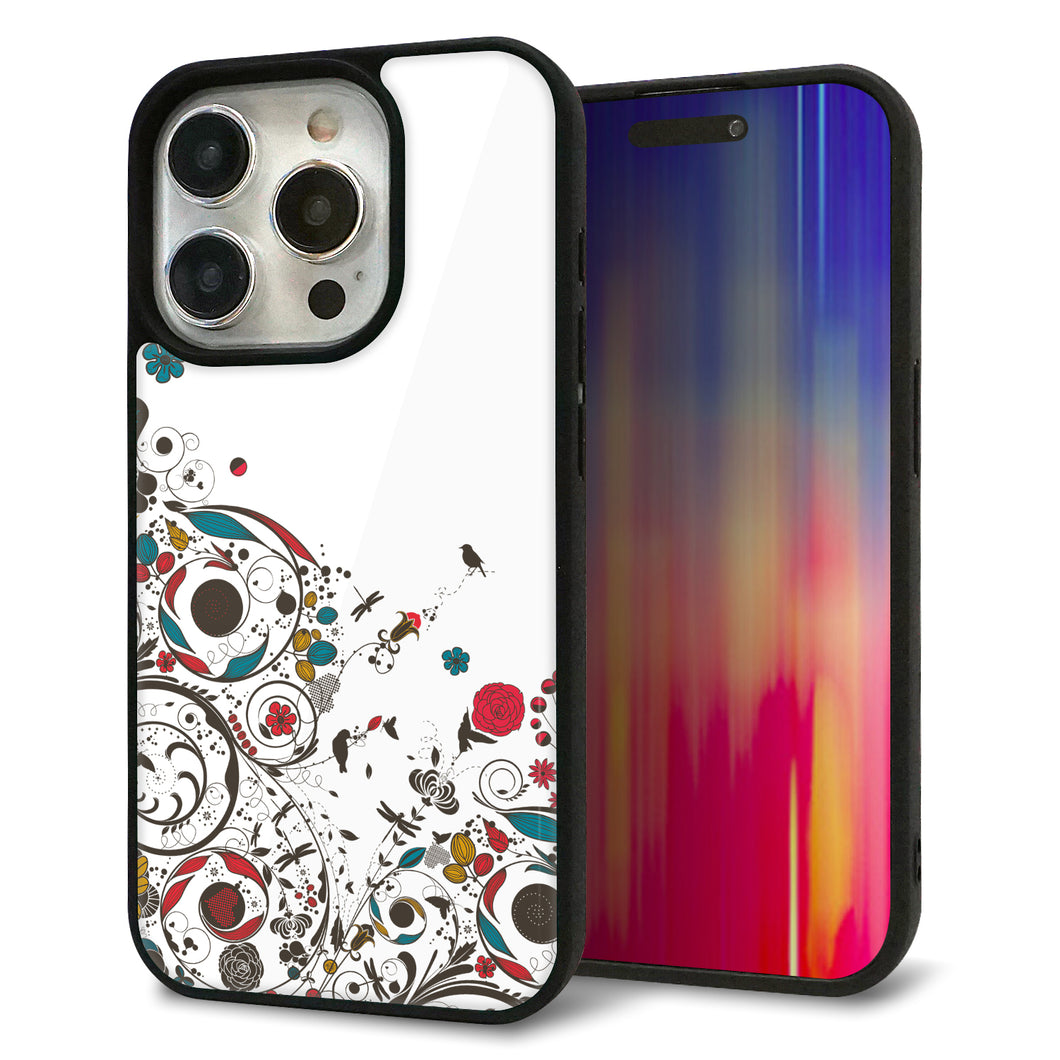 iPhone15 Pro 強化ガラス&TPUスマホケース ガラプリ【EK908 カラフルな花と鳥】