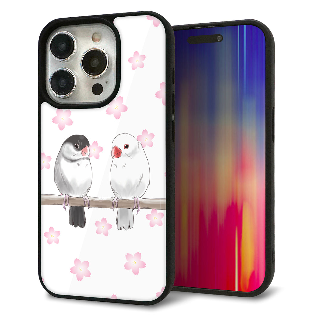 iPhone15 Pro 強化ガラス&TPUスマホケース ガラプリ【HA275 文鳥 桜】