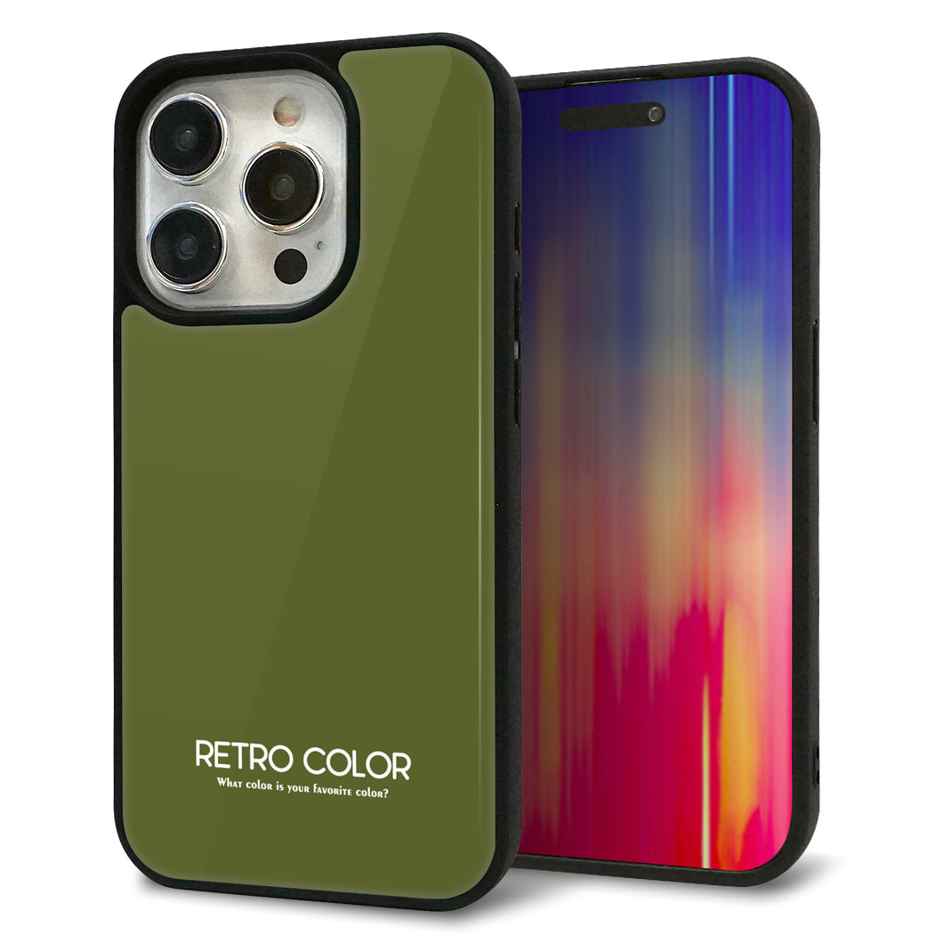 iPhone15 Pro 強化ガラス&TPUスマホケース ガラプリ【KM916 レトロカラー(カーキ)】