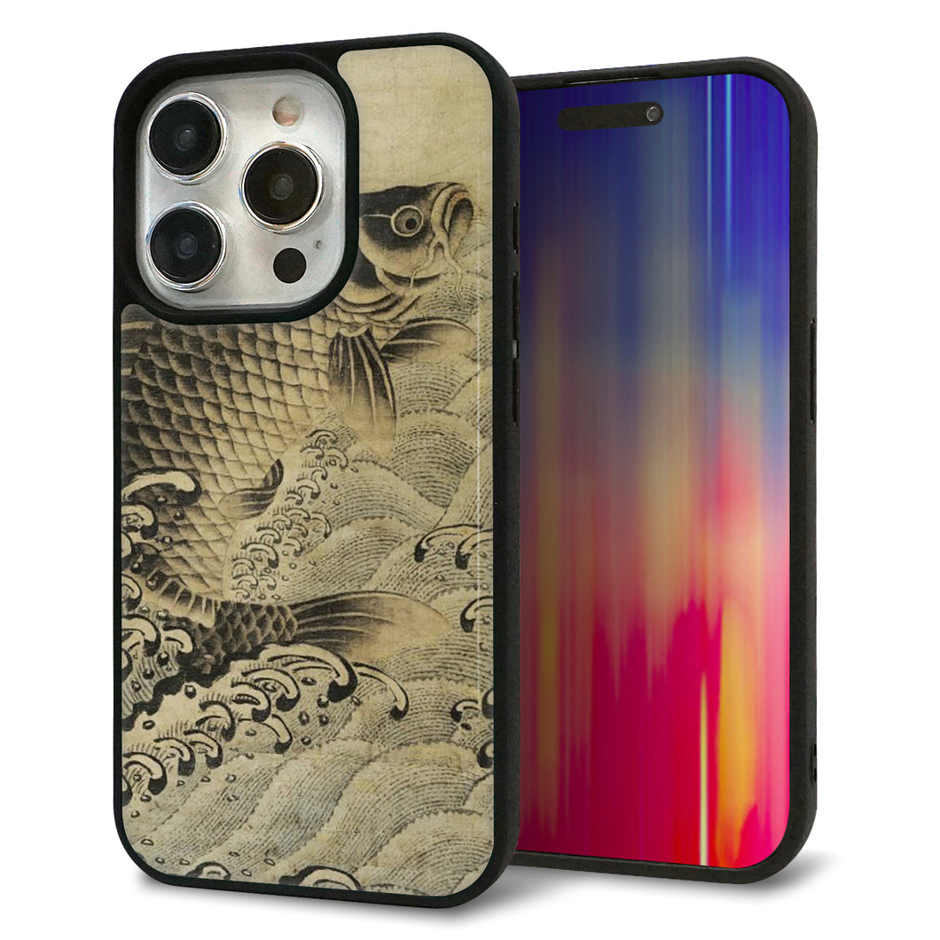 iPhone15 Pro 強化ガラス&TPUスマホケース ガラプリ【MA970 和柄 鶴鯉 B】