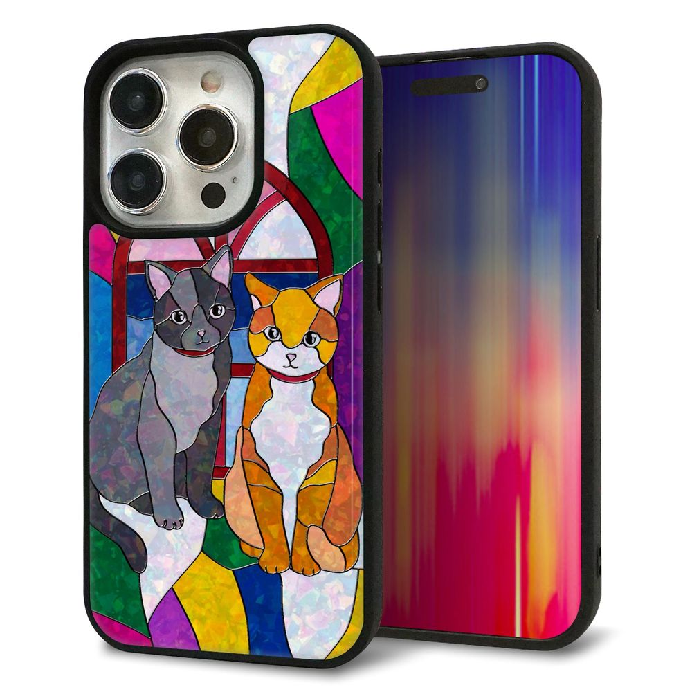 iPhone 15 Pro 強化ガラス&TPUスマホケース ガラプリ【MA995 ステンドグラス ネコ】