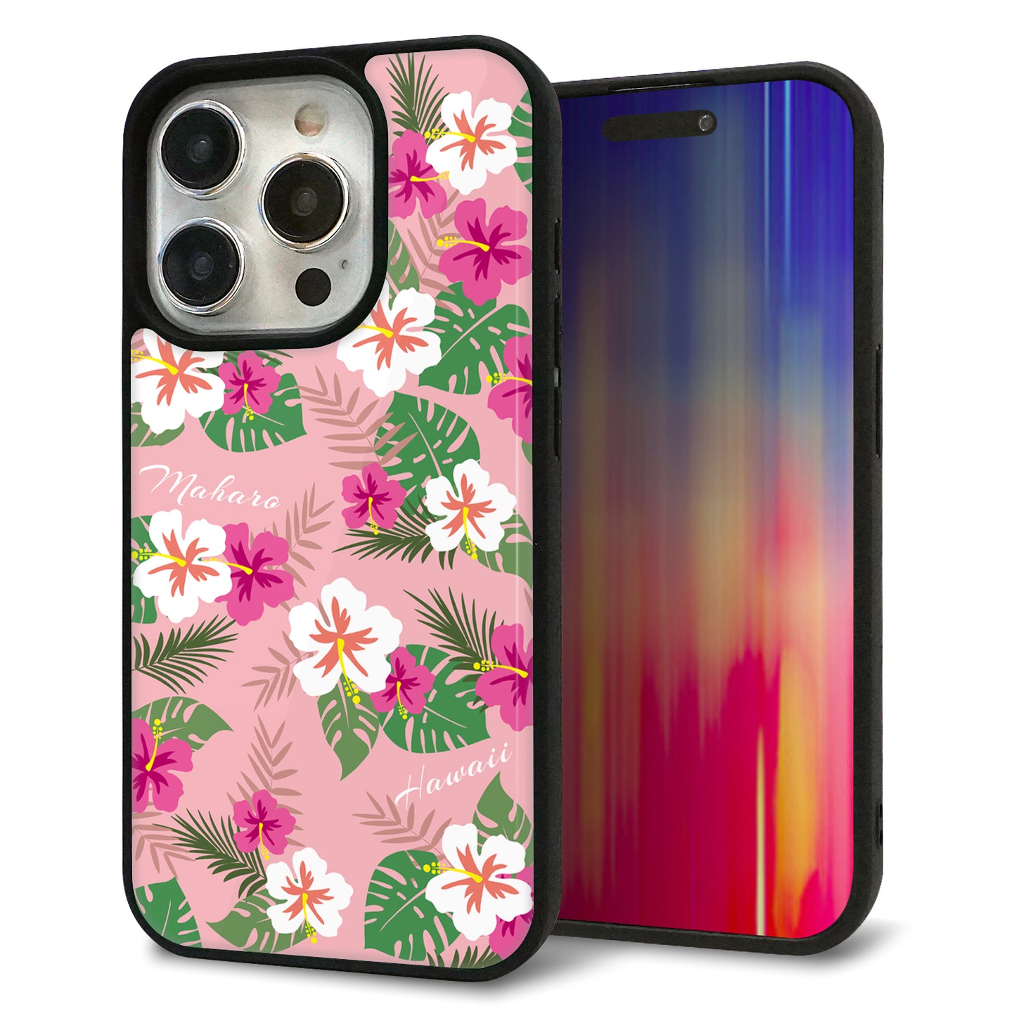 iPhone15 Pro 強化ガラス&TPUスマホケース ガラプリ【SC882 ハワイアンアロハレトロ(ピンク)】