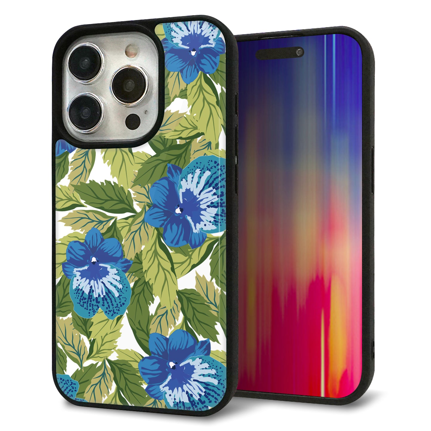 iPhone15 Pro 強化ガラス&TPUスマホケース ガラプリ【SC896 ボタニカル ブルー&リーフ】