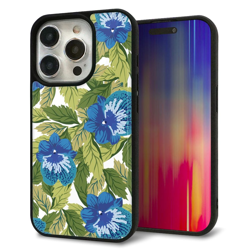iPhone 15 Pro 強化ガラス&TPUスマホケース ガラプリ【SC896 ボタニカル ブルー&リーフ】