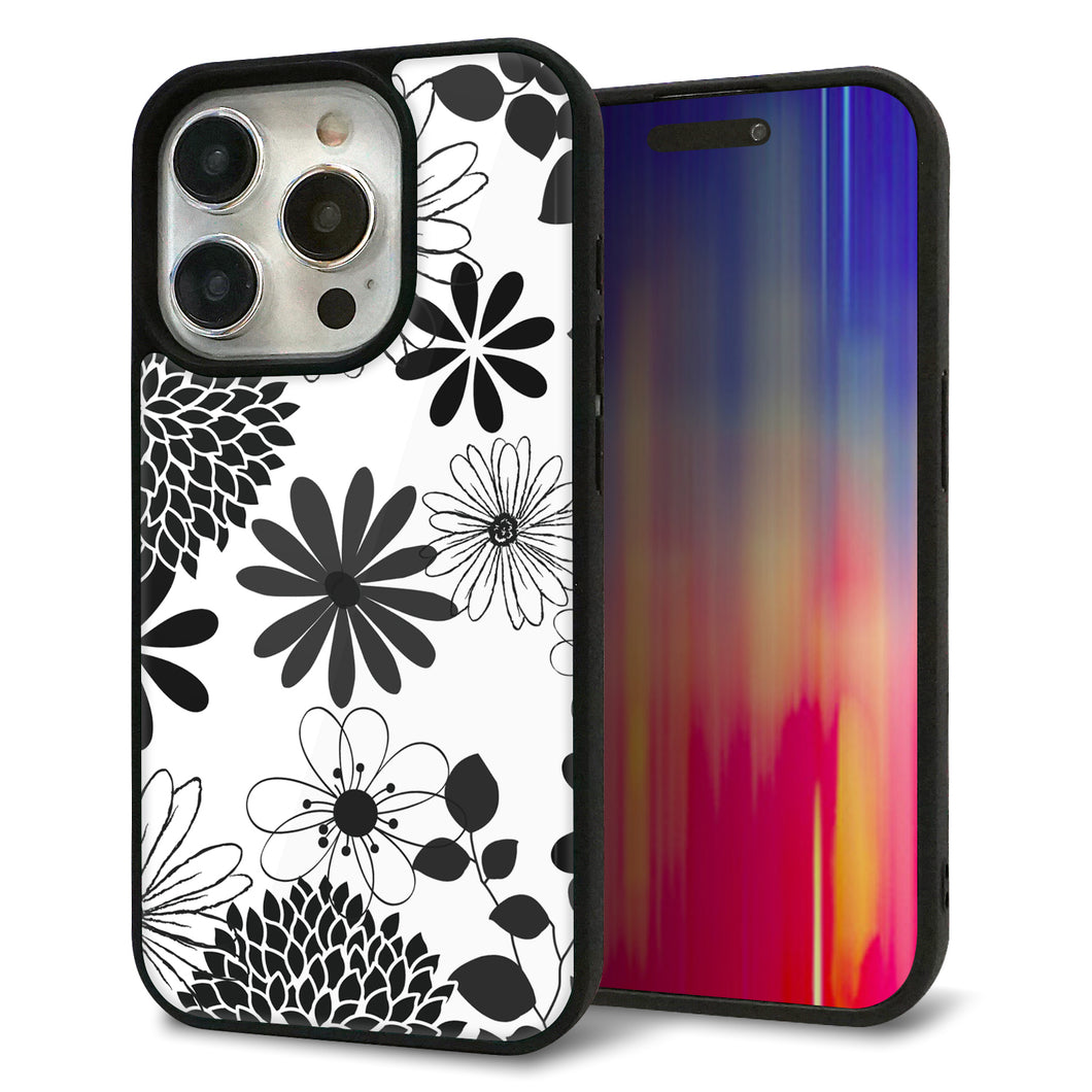 iPhone15 Pro 強化ガラス&TPUスマホケース ガラプリ【SC912 花柄モノトーン 01】