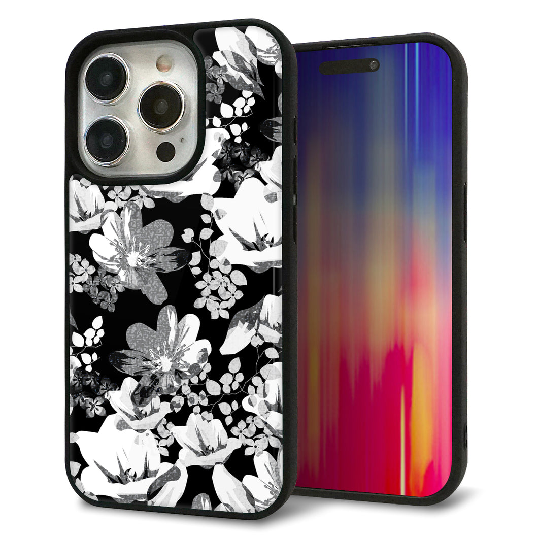 iPhone15 Pro 強化ガラス&TPUスマホケース ガラプリ【SC913 花柄モノトーン 02】