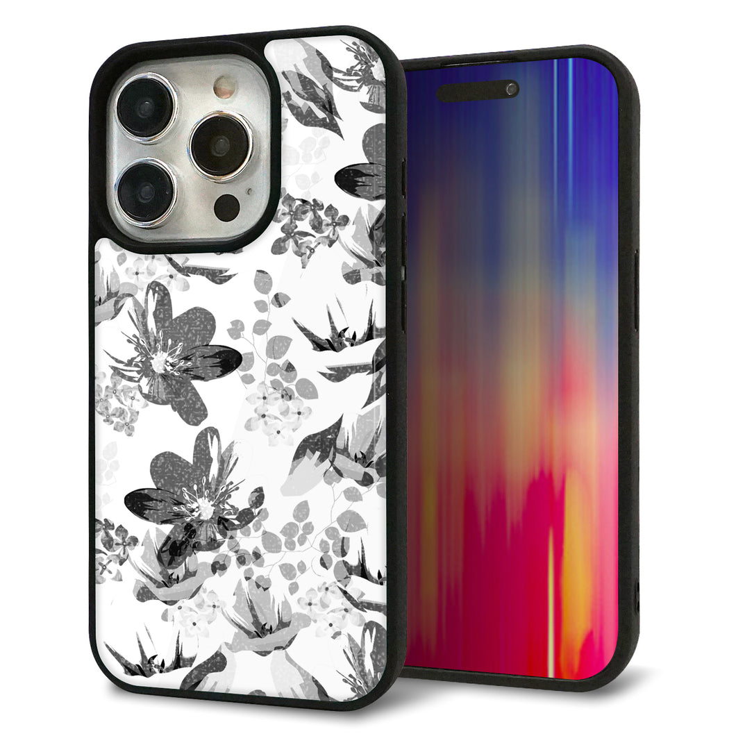 iPhone15 Pro 強化ガラス&TPUスマホケース ガラプリ【SC914 花柄モノトーン 03】