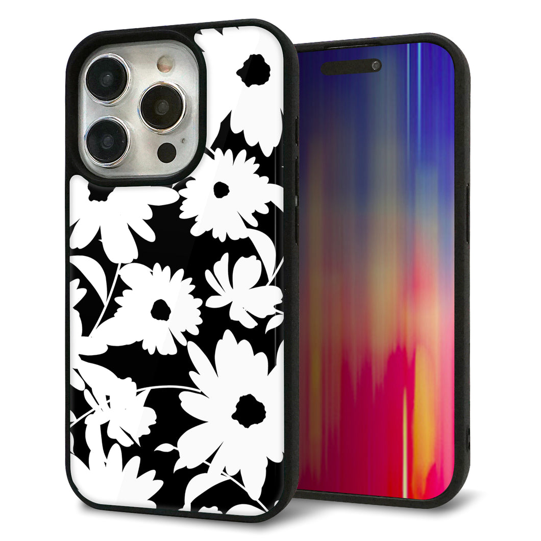 iPhone15 Pro 強化ガラス&TPUスマホケース ガラプリ【SC915 花柄モノトーン 04】