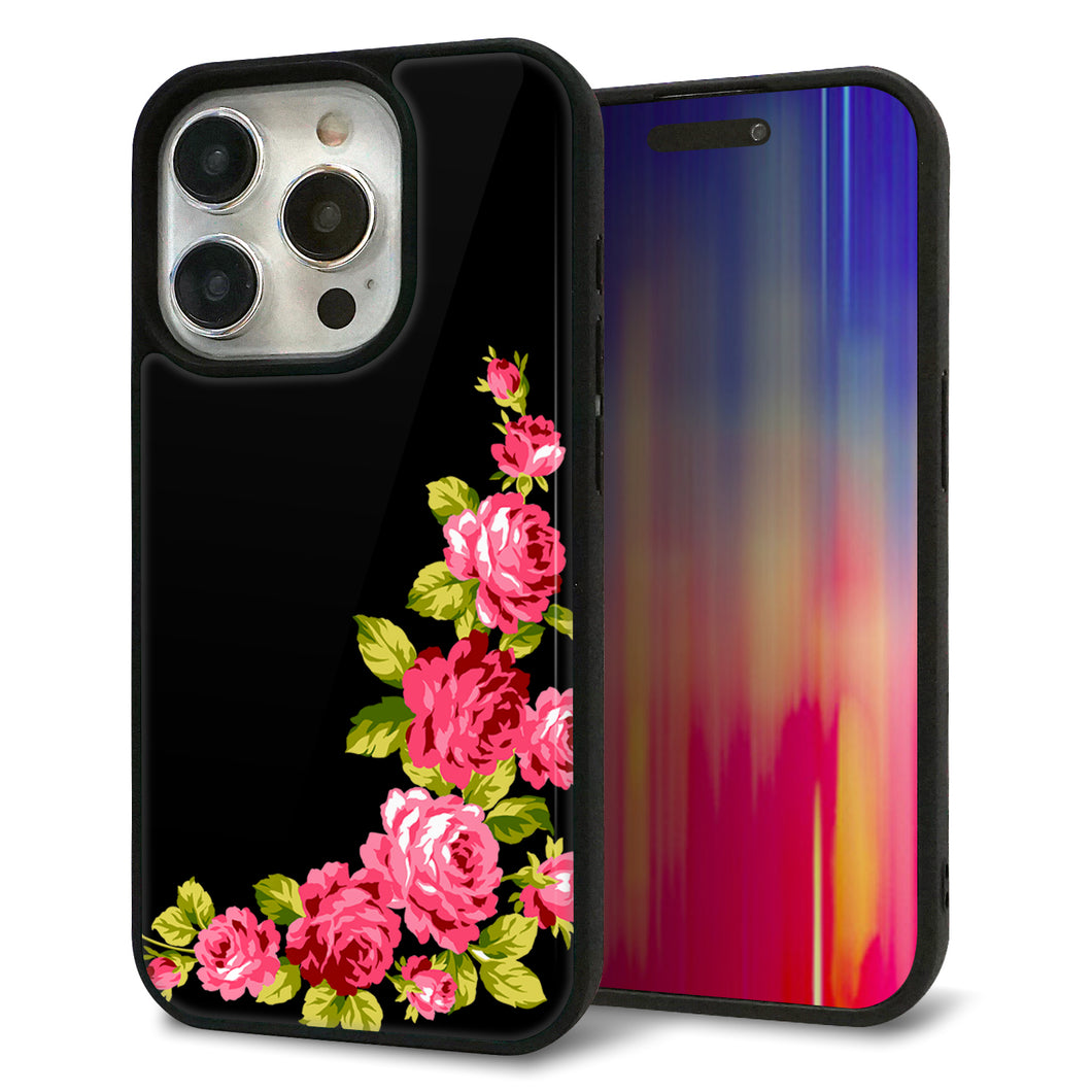 iPhone15 Pro 強化ガラス&TPUスマホケース ガラプリ【VA826 バラのフレーム(黒)】