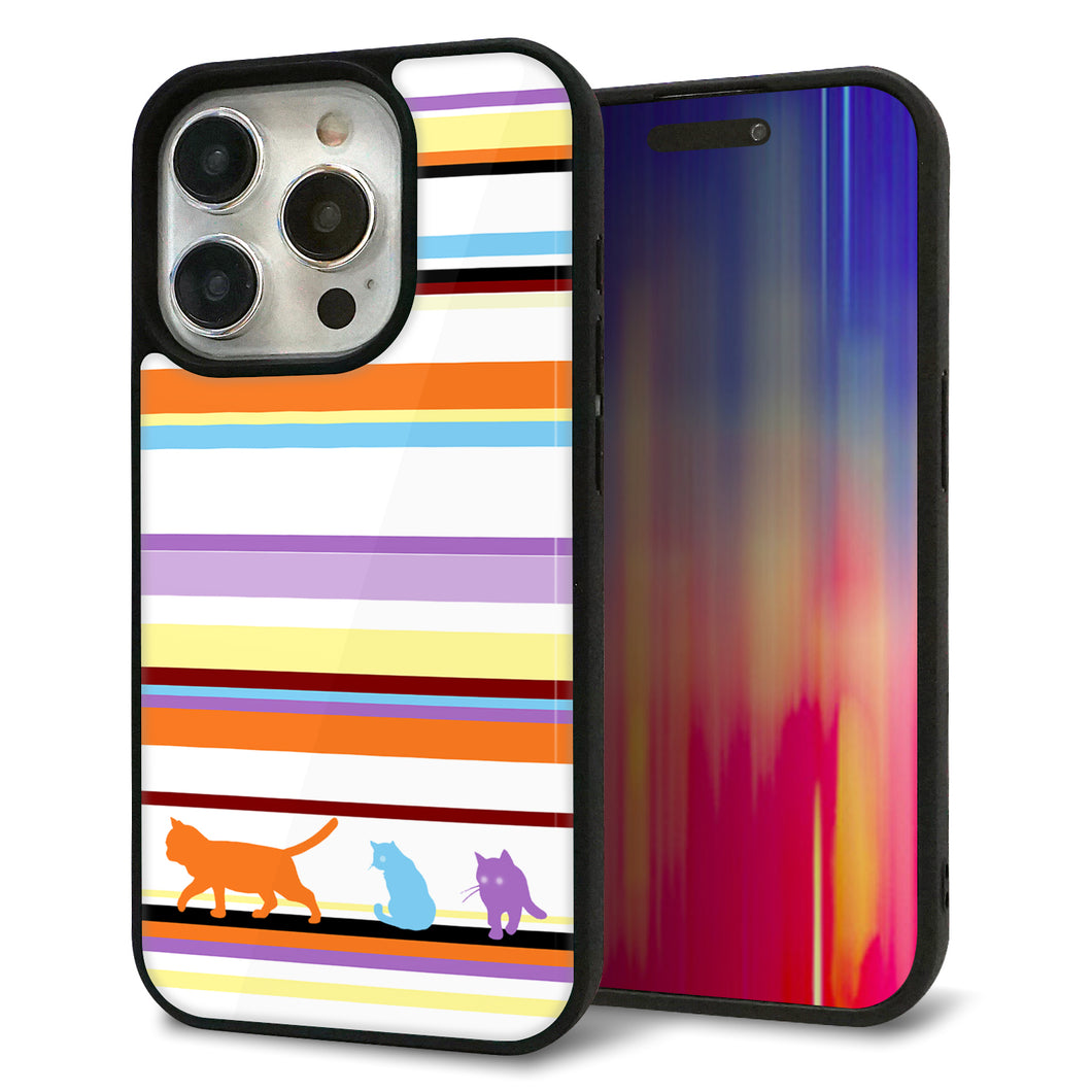 iPhone15 Pro 強化ガラス&TPUスマホケース ガラプリ【YA887 ストライプネコ01】