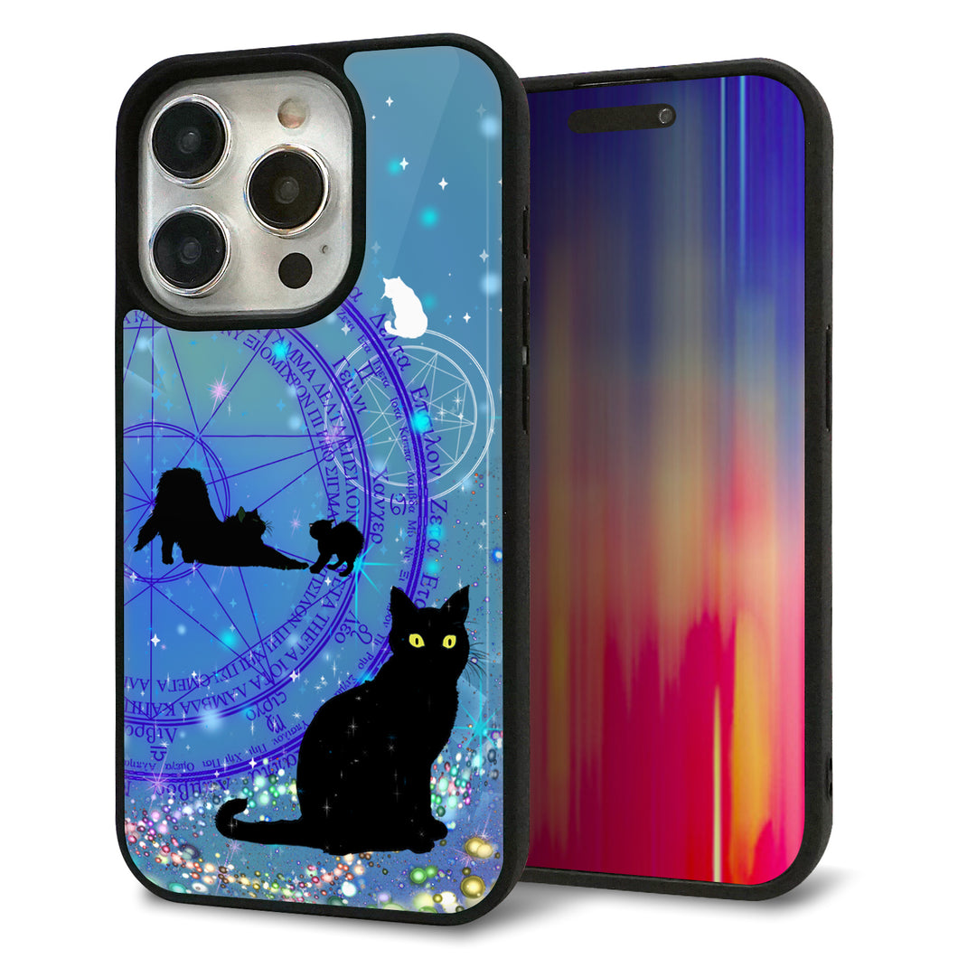 iPhone15 Pro 強化ガラス&TPUスマホケース ガラプリ【YJ327 魔法陣猫 キラキラ かわいい】