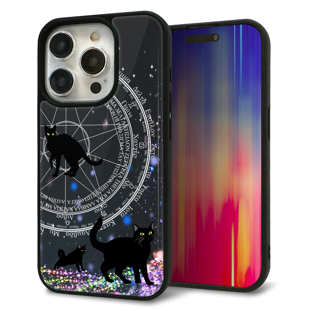 iPhone15 Pro 強化ガラス&TPUスマホケース ガラプリ【YJ330 魔法陣猫 キラキラ 黒猫】