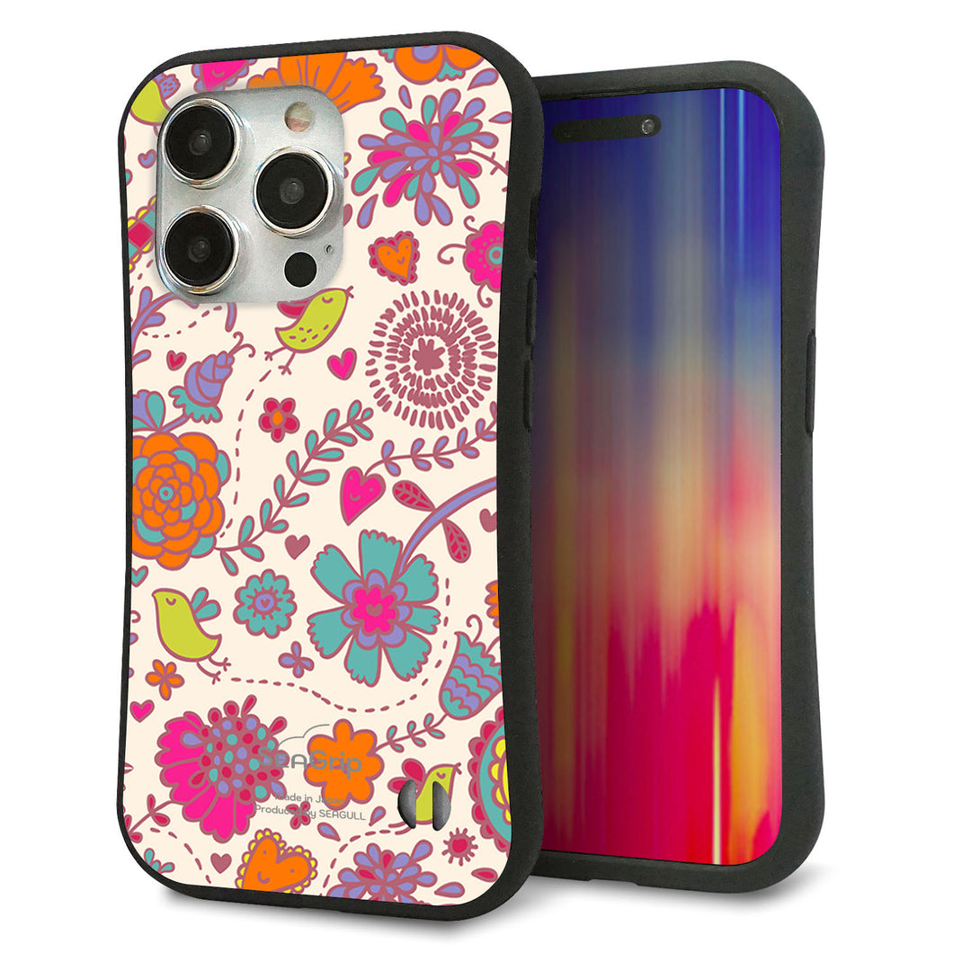 iPhone15 Pro スマホケース 「SEA Grip」 グリップケース Sライン 【323 小鳥と花】 UV印刷