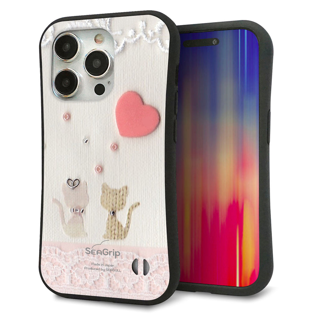 iPhone15 Pro スマホケース 「SEA Grip」 グリップケース Sライン 【1104 クラフト写真ネコ(ハートM)】 UV印刷