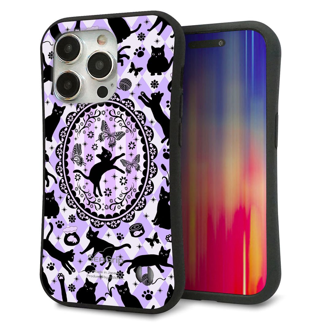 iPhone15 Pro スマホケース 「SEA Grip」 グリップケース Sライン 【AG879 ネコがいっぱいダイヤ柄 パープル】 UV印刷