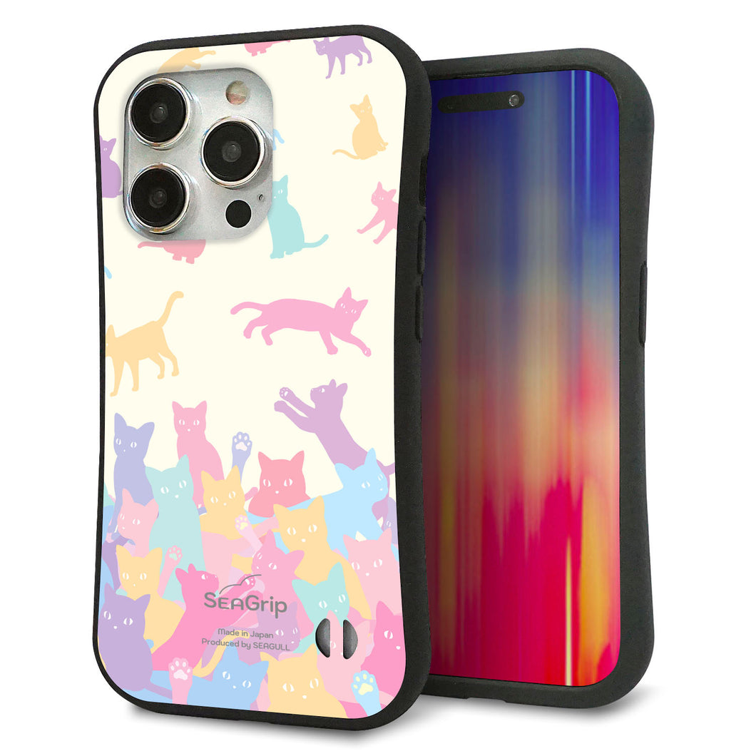 iPhone15 Pro スマホケース 「SEA Grip」 グリップケース Sライン 【AG885 ネコ積もり マルチカラー】 UV印刷