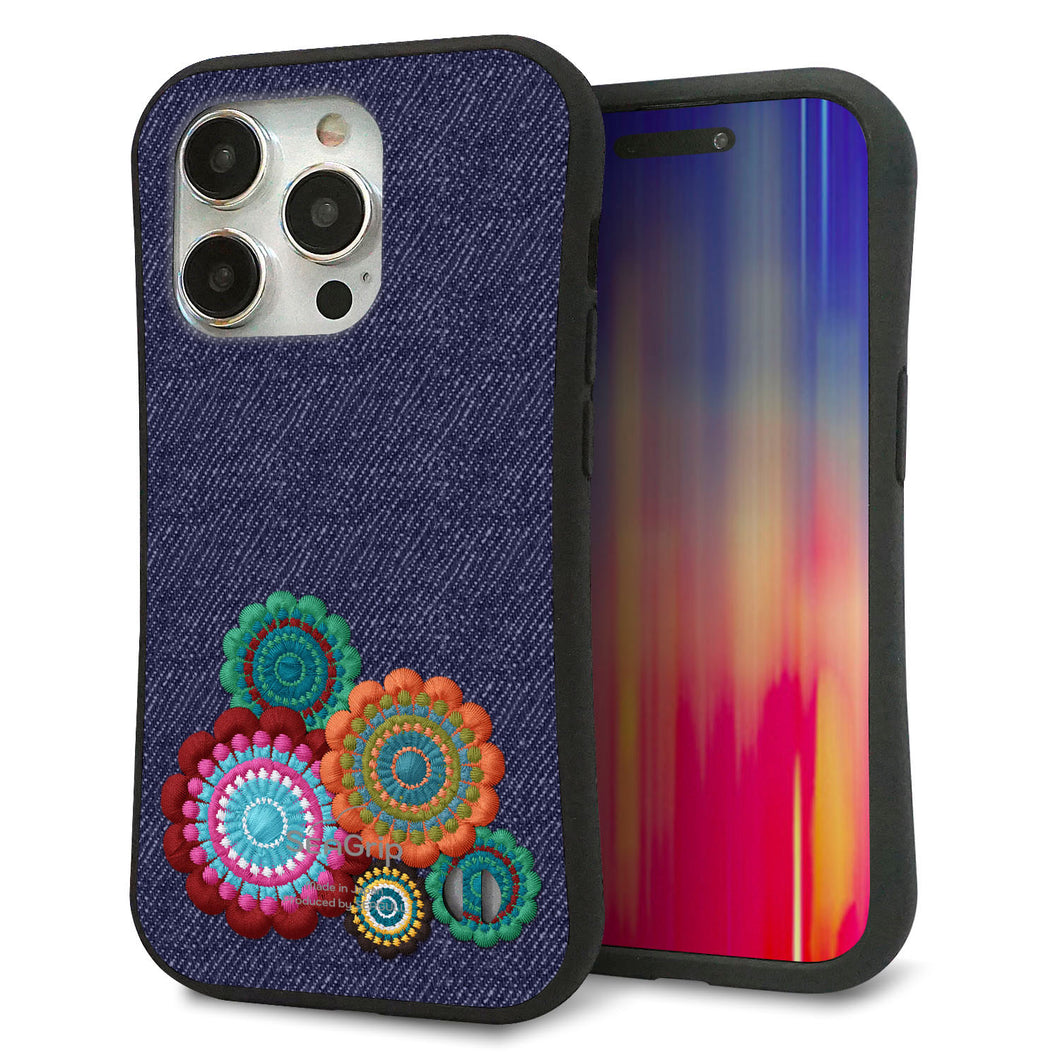 iPhone15 Pro スマホケース 「SEA Grip」 グリップケース Sライン 【KM934 エスニックフラワー デニム】 UV印刷