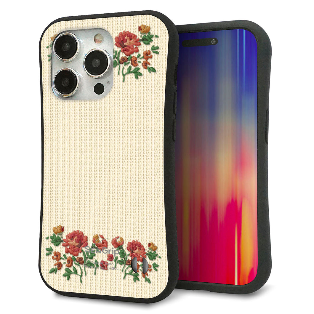 iPhone15 Pro スマホケース 「SEA Grip」 グリップケース Sライン 【KM941 花刺繍風 レッドフラワー オフホワイト 】 UV印刷