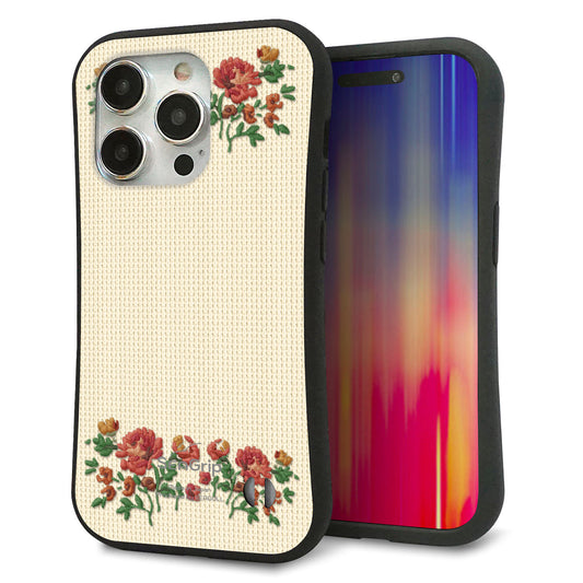 iPhone15 Pro スマホケース 「SEA Grip」 グリップケース Sライン 【KM941 花刺繍風 レッドフラワー オフホワイト 】 UV印刷