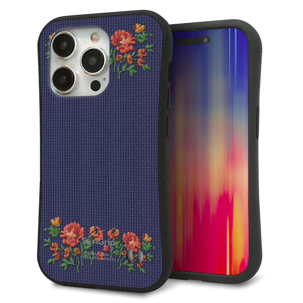 iPhone15 Pro スマホケース 「SEA Grip」 グリップケース Sライン 【KM943 花刺繍風 レッドフラワー ネイビー 】 UV印刷