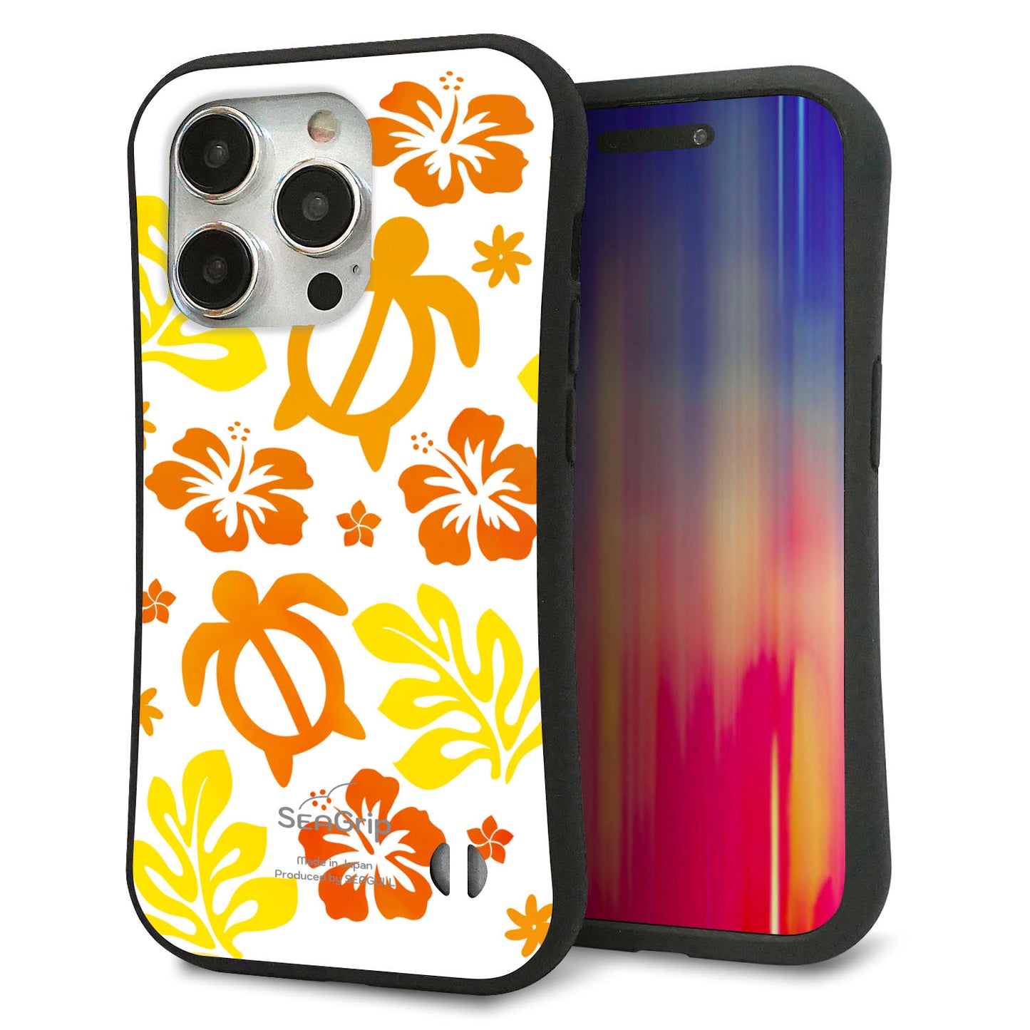 iPhone15 Pro スマホケース 「SEA Grip」 グリップケース Sライン 【SC877 ハワイアンアロハホヌ(イエロー)】 UV印刷
