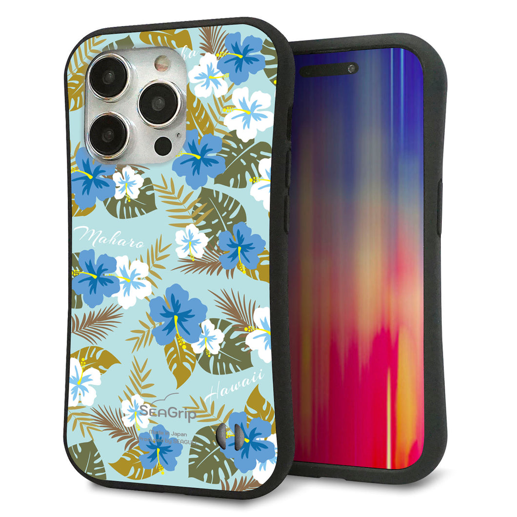 iPhone15 Pro スマホケース 「SEA Grip」 グリップケース Sライン 【SC883 ハワイアンアロハレトロ(ブルー)】 UV印刷