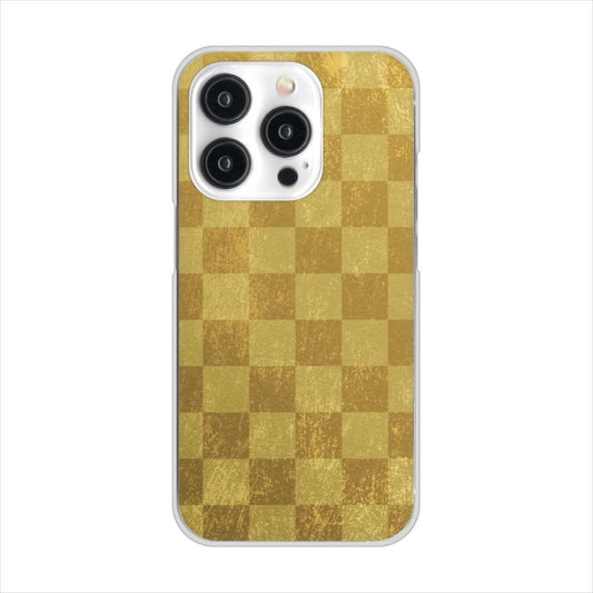 iPhone15 Pro 高画質仕上げ 背面印刷 ハードケース 【619 市松模様-金(骨董風に傷んだイメージ)】