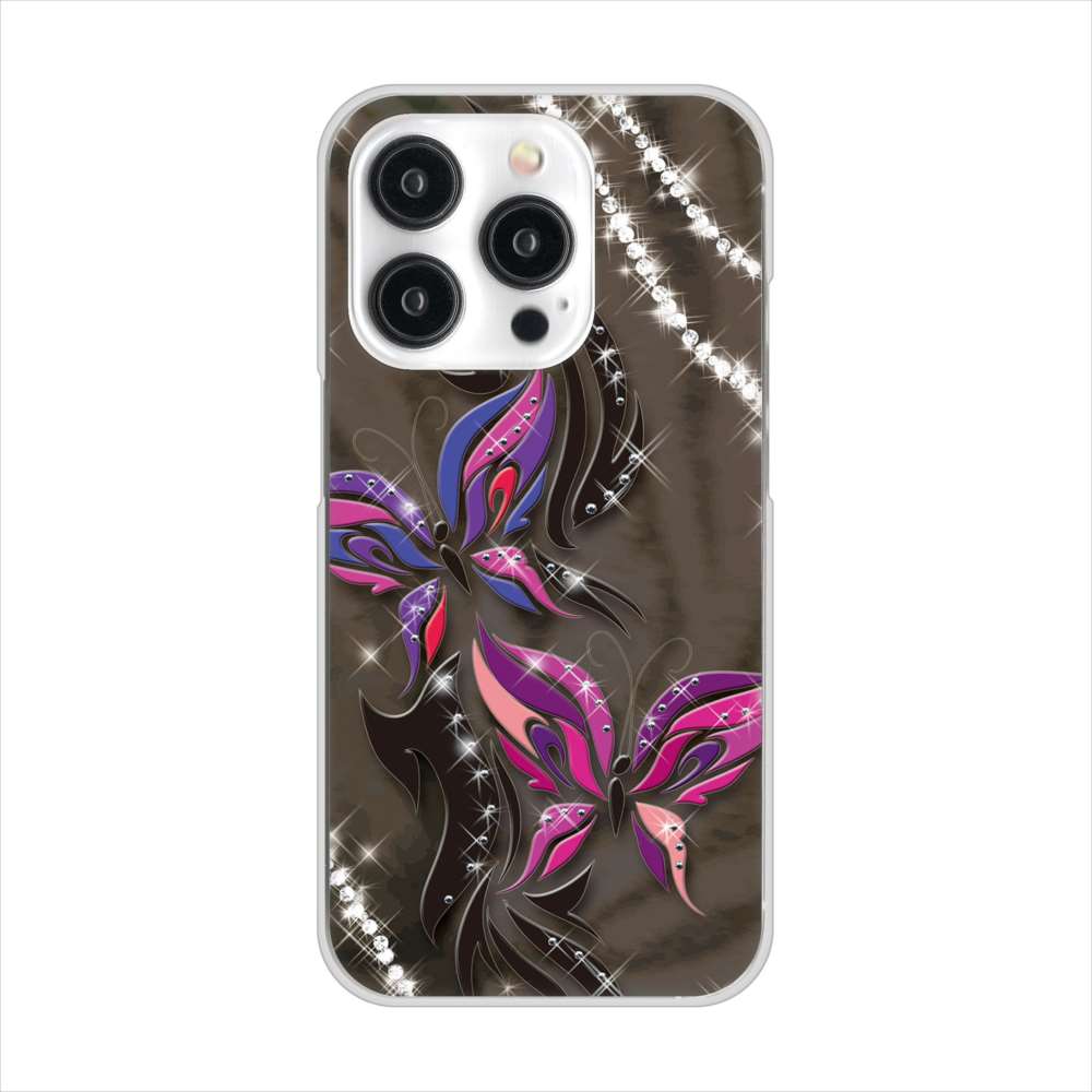 iPhone15 Pro 高画質仕上げ 背面印刷 ハードケース 【1164 キラめくストーンと蝶】