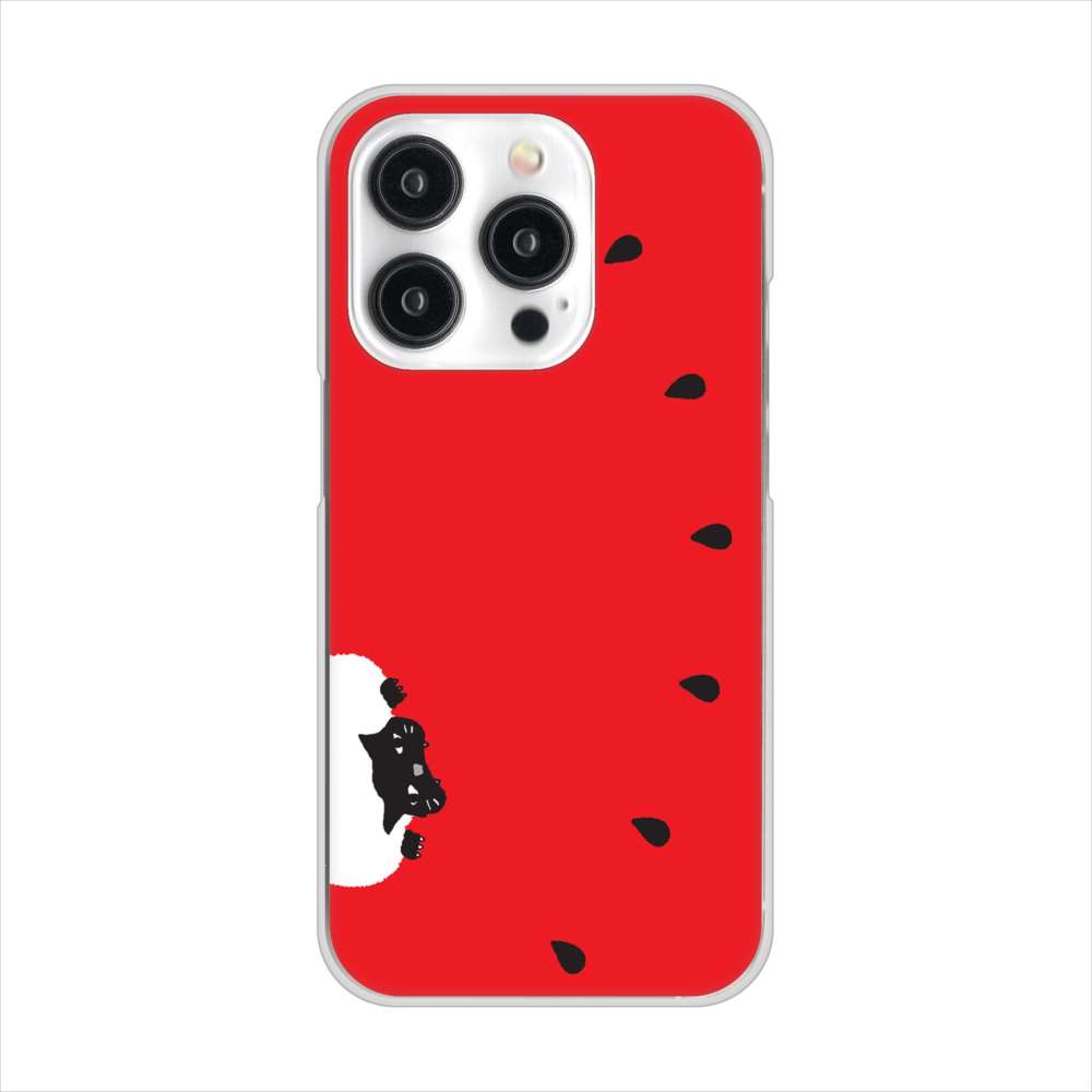 iPhone15 Pro 高画質仕上げ 背面印刷 ハードケースすいかをかじるネコ