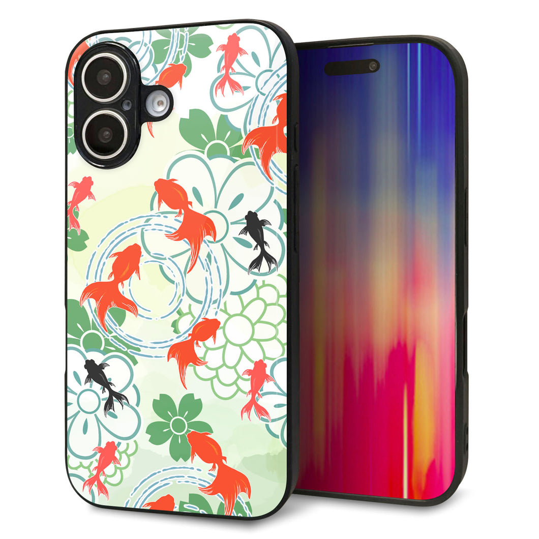 iPhone16 強化ガラス&TPUスマホケース ガラプリ【HA218 金魚 花柄 グリーン】