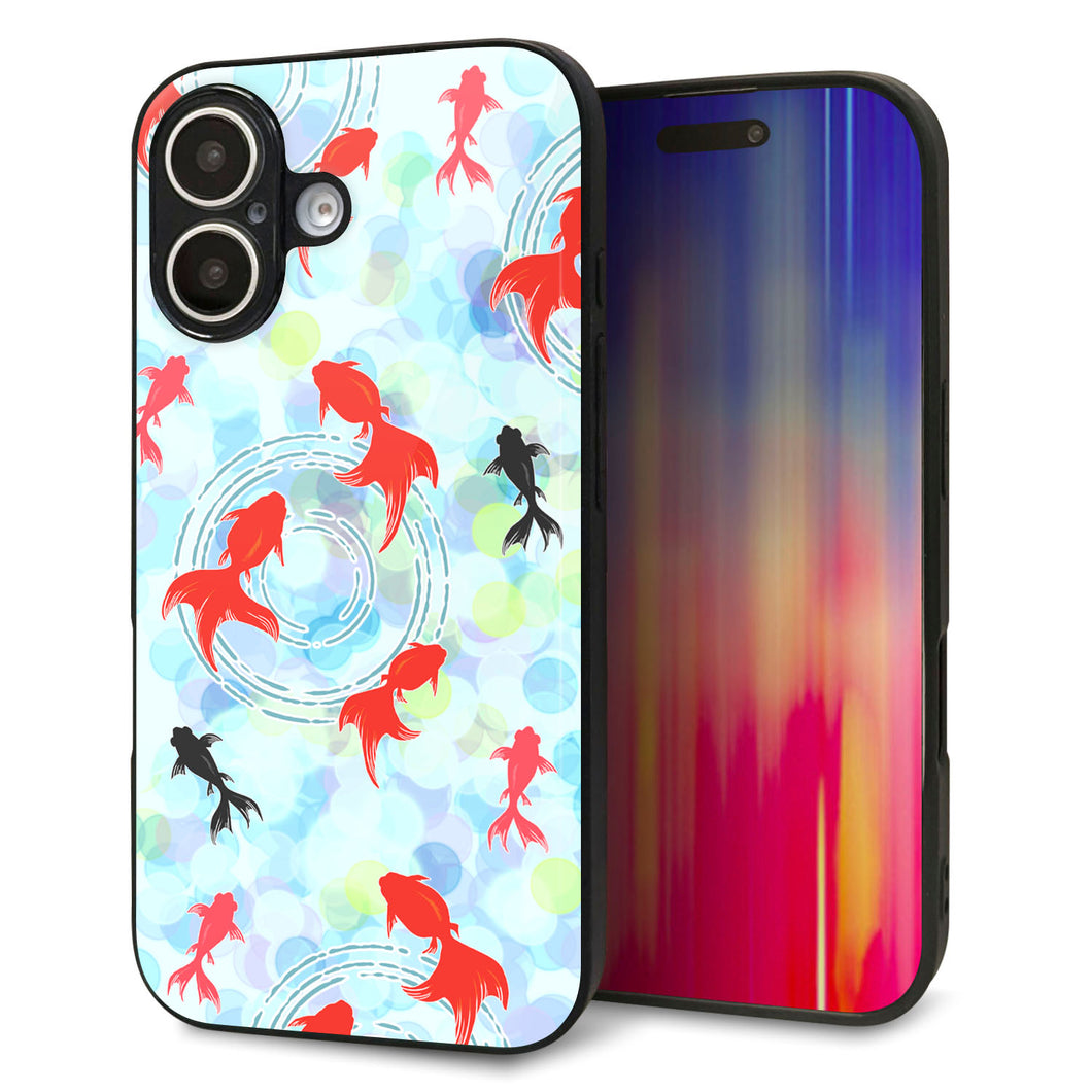 iPhone16 強化ガラス&TPUスマホケース ガラプリ【HA221 金魚 点々 ブルー】