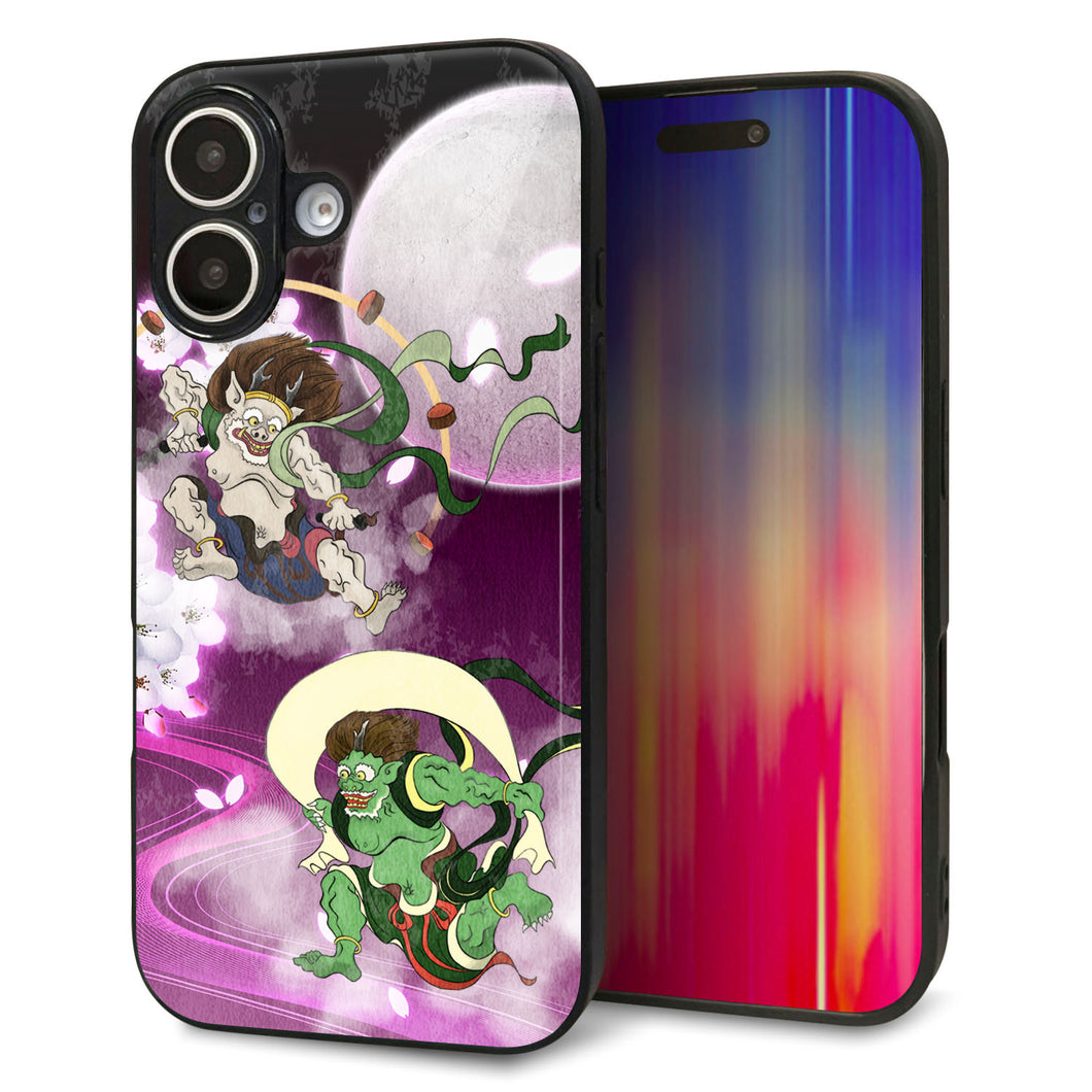 iPhone16 強化ガラス&TPUスマホケース ガラプリ【HA240 風神雷神 紫の月と桜】