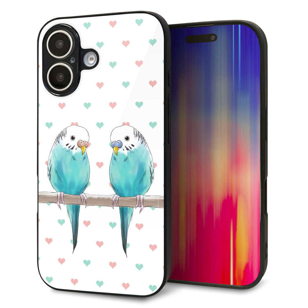 iPhone16 強化ガラス&TPUスマホケース ガラプリ【HA272 インコブルー ハート】