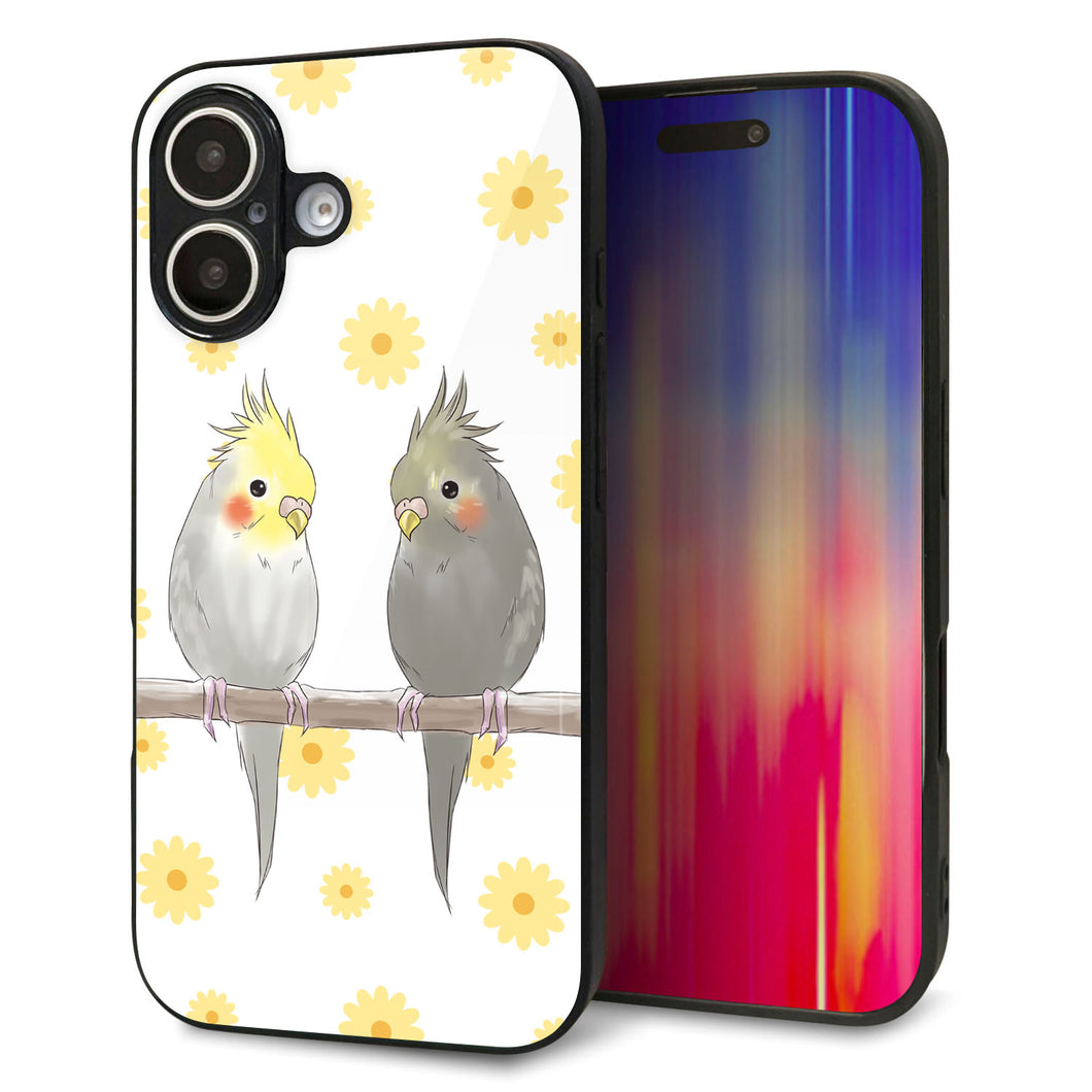 iPhone16 強化ガラス&TPUスマホケース ガラプリ【HA274 オカメインコ 花】