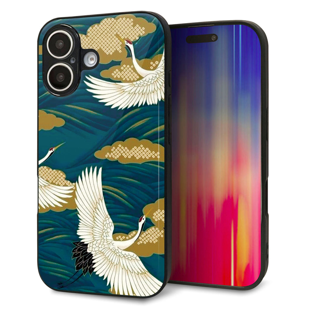 iPhone16 強化ガラス&TPUスマホケース ガラプリ【MA964 着物柄 鶴鯉 B】