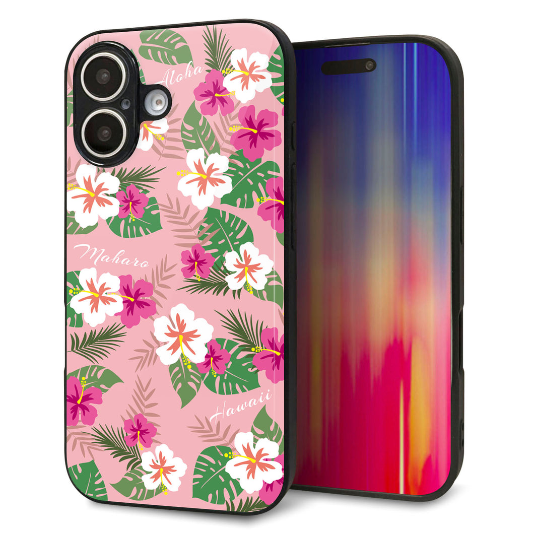 iPhone16 強化ガラス&TPUスマホケース ガラプリ【SC882 ハワイアンアロハレトロ(ピンク)】