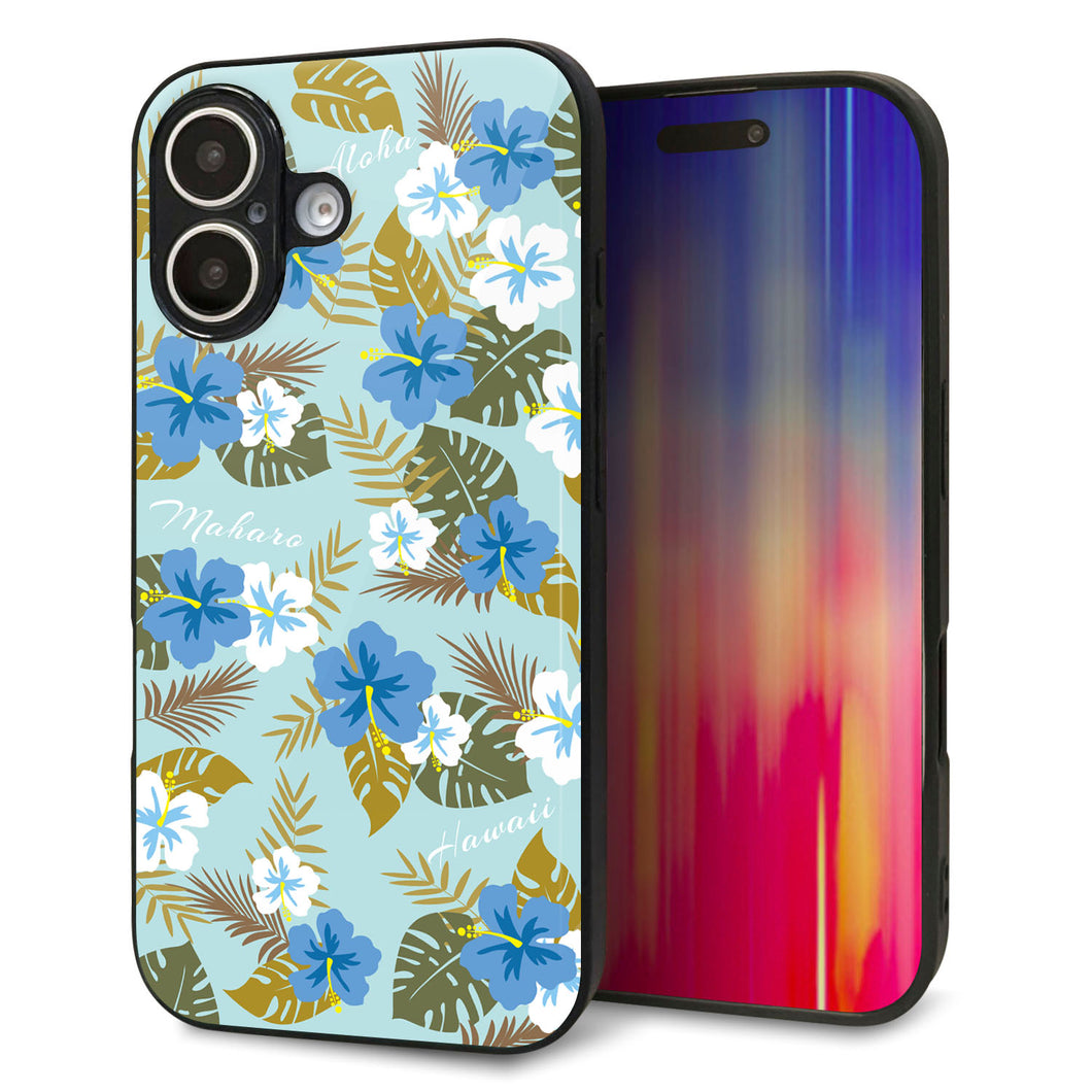 iPhone16 強化ガラス&TPUスマホケース ガラプリ【SC883 ハワイアンアロハレトロ(ブルー)】