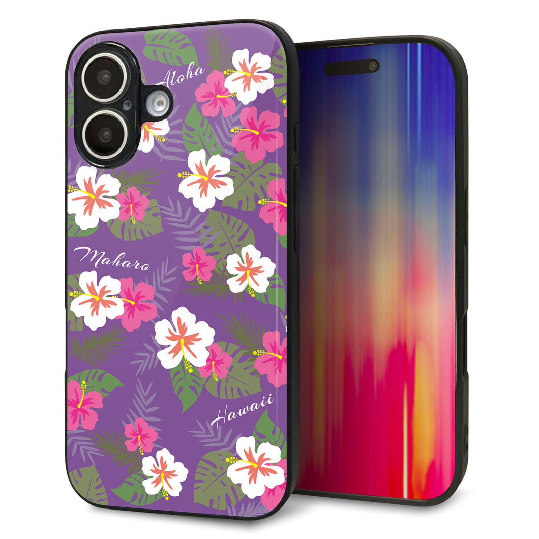 iPhone16 強化ガラス&TPUスマホケース ガラプリ【SC886 ハワイアンアロハレトロ(パープル)】